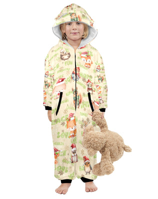 Christmas Woodland Friends, Fleecy, Zip-Up Onesie Loungewear for Little Kids