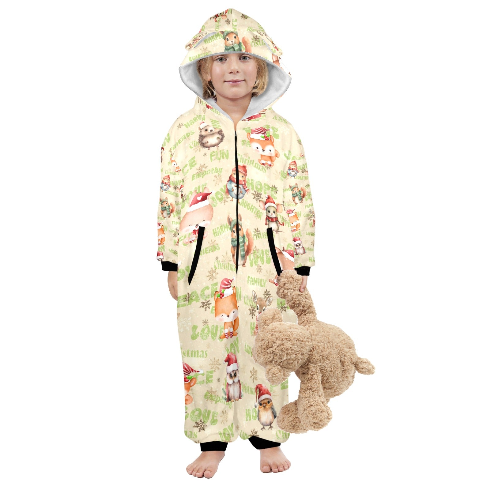 Christmas Woodland Friends, Fleecy, Zip-Up Onesie Loungewear for Little Kids