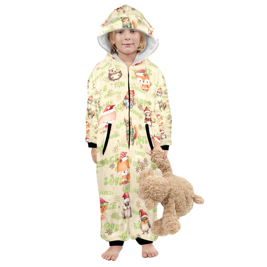 Christmas Woodland Friends, Fleecy, Zip-Up Onesie Loungewear for Little Kids