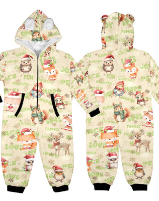 Christmas Woodland Friends, Fleecy, Zip-Up Onesie Loungewear for Little Kids