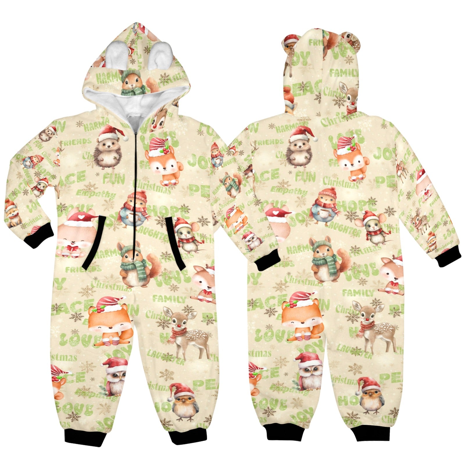 Christmas Woodland Friends, Fleecy, Zip-Up Onesie Loungewear for Little Kids