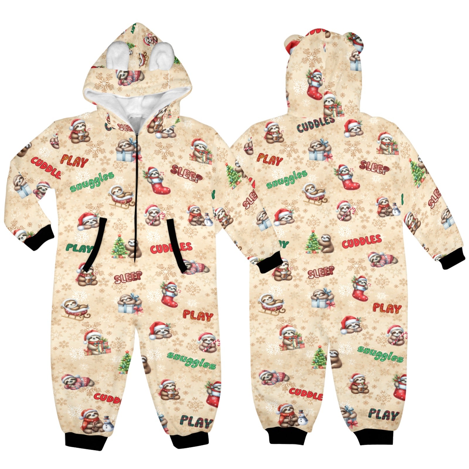 Adorable Christmas Sloths, Fleecy, Zip-Up Onesie Loungewear for Little Kids