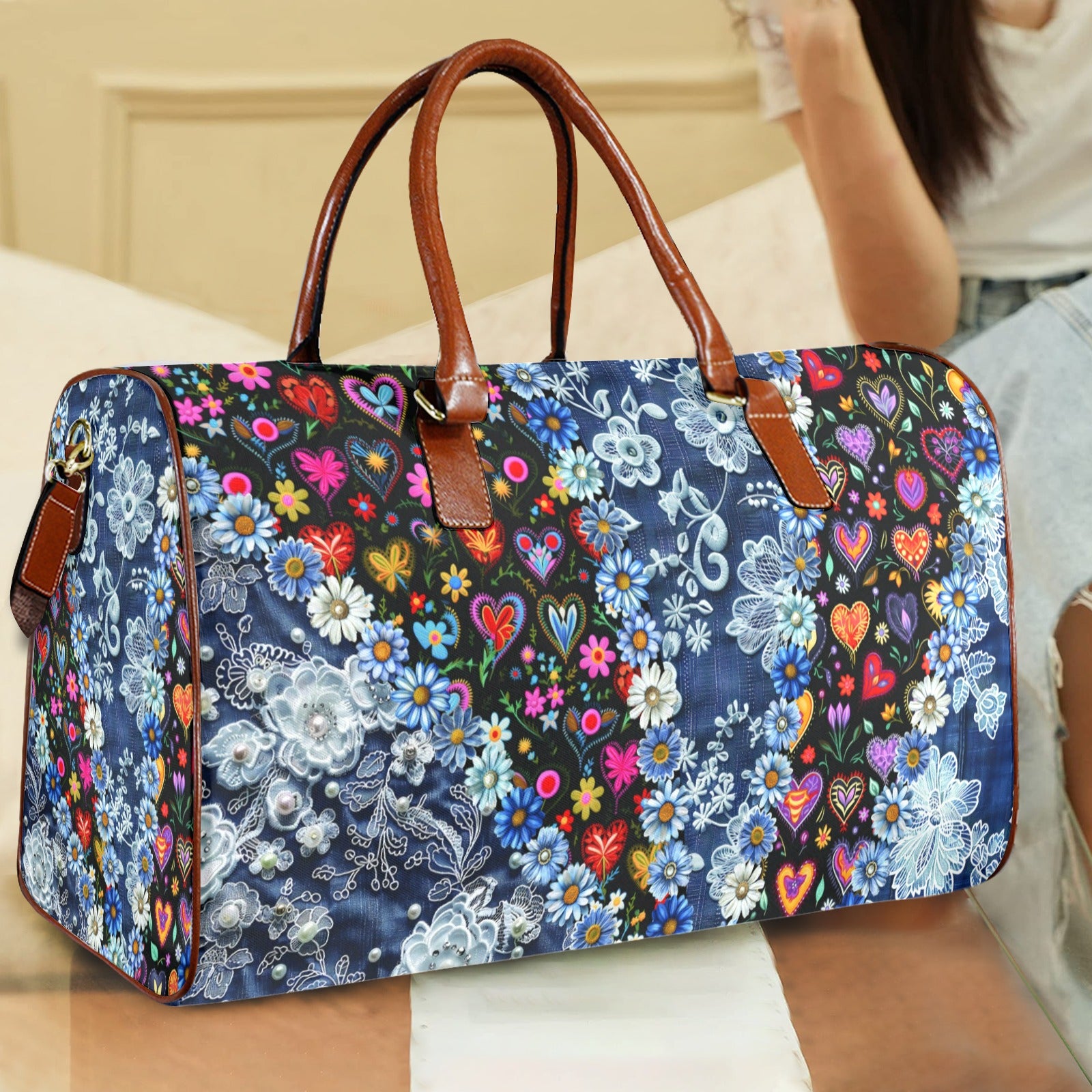 Boho Travel Bag4 Large Capacity Travel Bag-Large (Brown Short Patch) (1737)