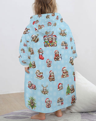 One-Size  Blanket Hoodie for Tots, Featuring Lazy Sloths Celebrating Christmas