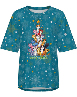 Drop Shoulder Baggy Tee with Fun Christmas Kitties, Unisex, Loungewear, Casual, Fun