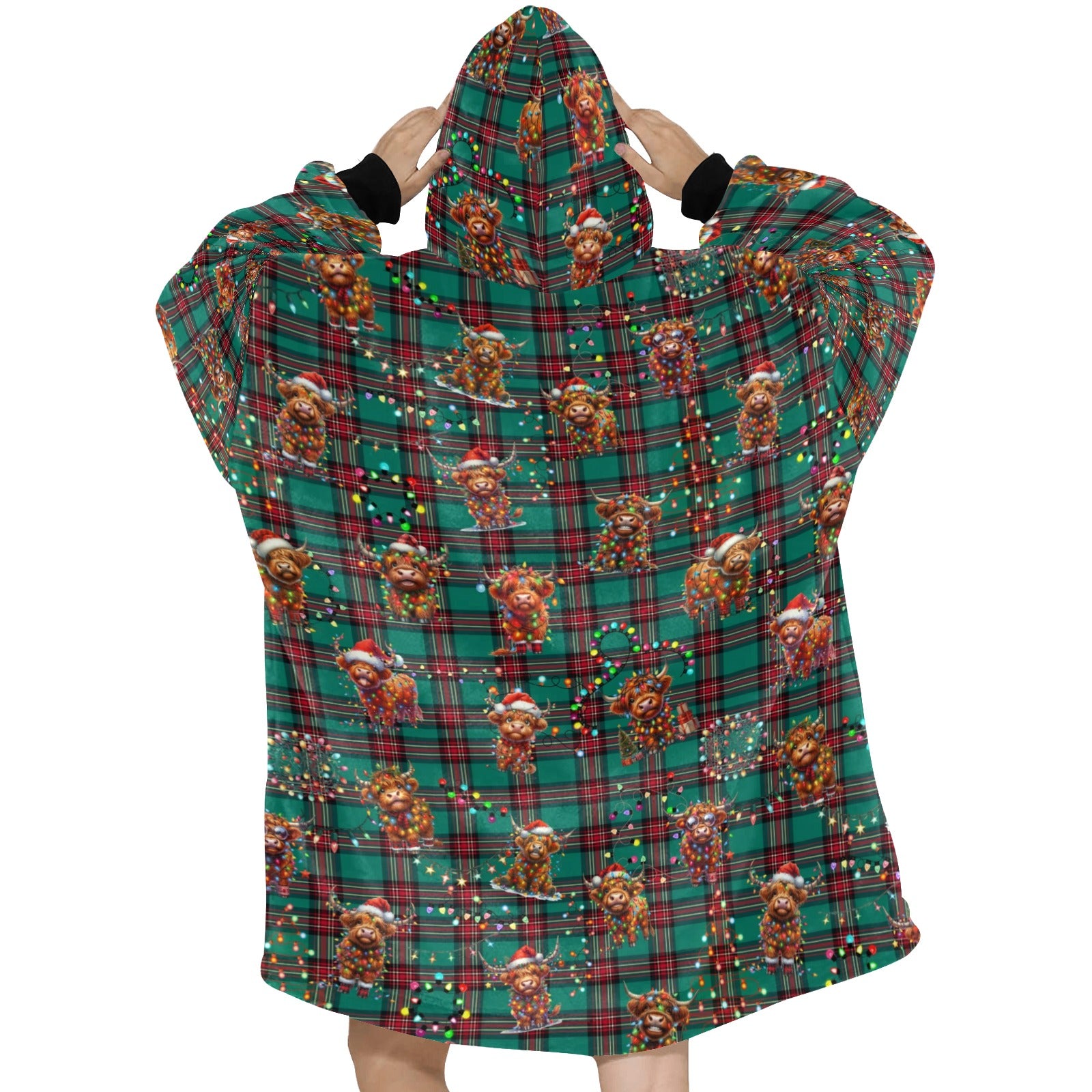 Gorgeously Soft and Snuggly Blanket Hoodie With Christmas Tartan Highland Cattle Design