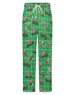 Fleecy Feel Loungewear / PJ Bottoms with Cute Sleepy Christmas Sloths on Green Tartan