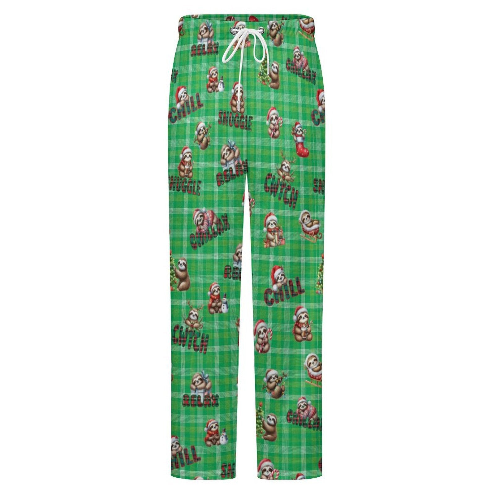 Fleecy Feel Loungewear / PJ Bottoms with Cute Sleepy Christmas Sloths on Green Tartan