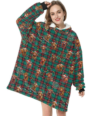 Gorgeously Soft and Snuggly Blanket Hoodie With Christmas Tartan Highland Cattle Design