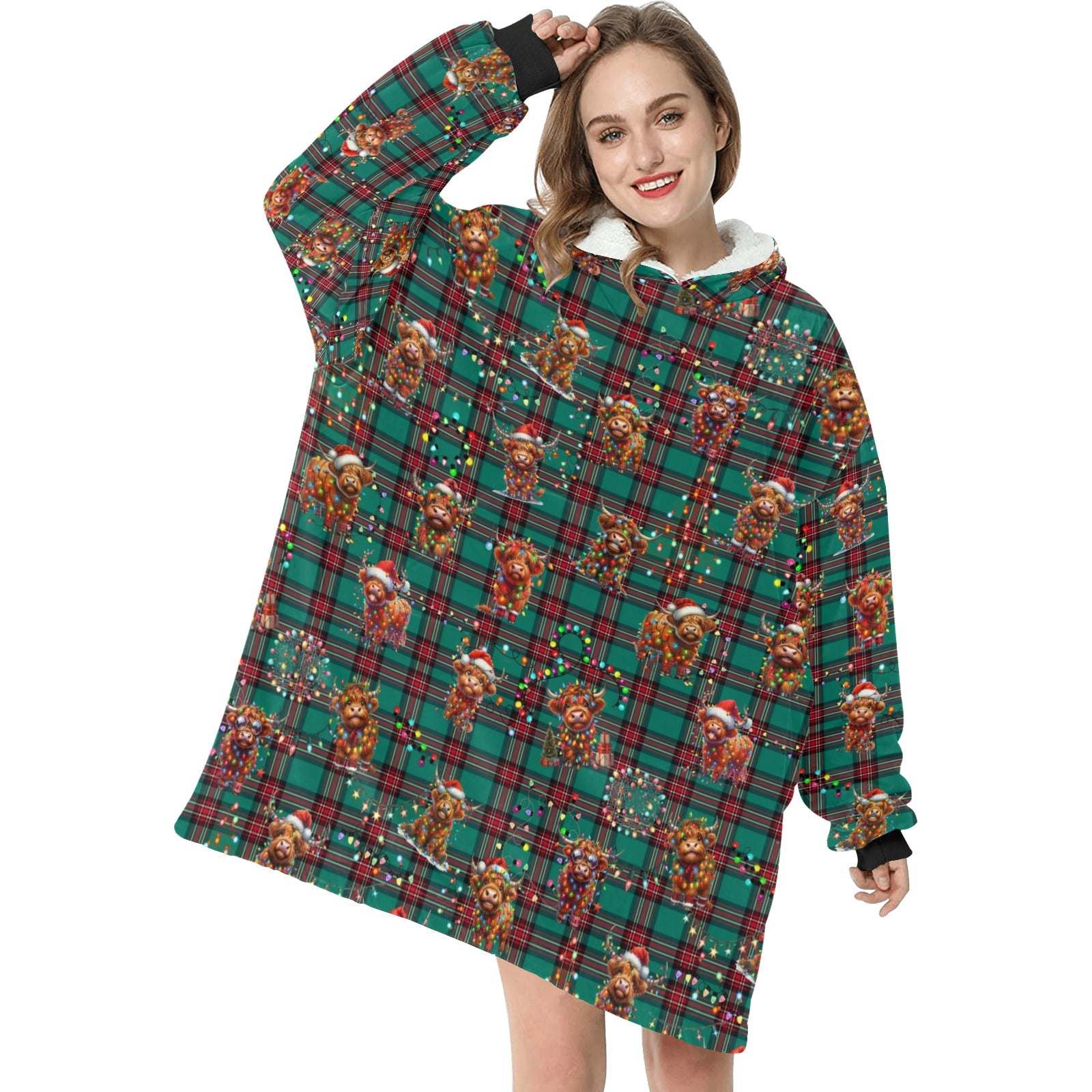 Gorgeously Soft and Snuggly Blanket Hoodie With Christmas Tartan Highland Cattle Design