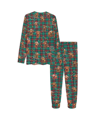 Soft, Comfortable Kids PJ Set with cute Highland Cows on Tartan Background
