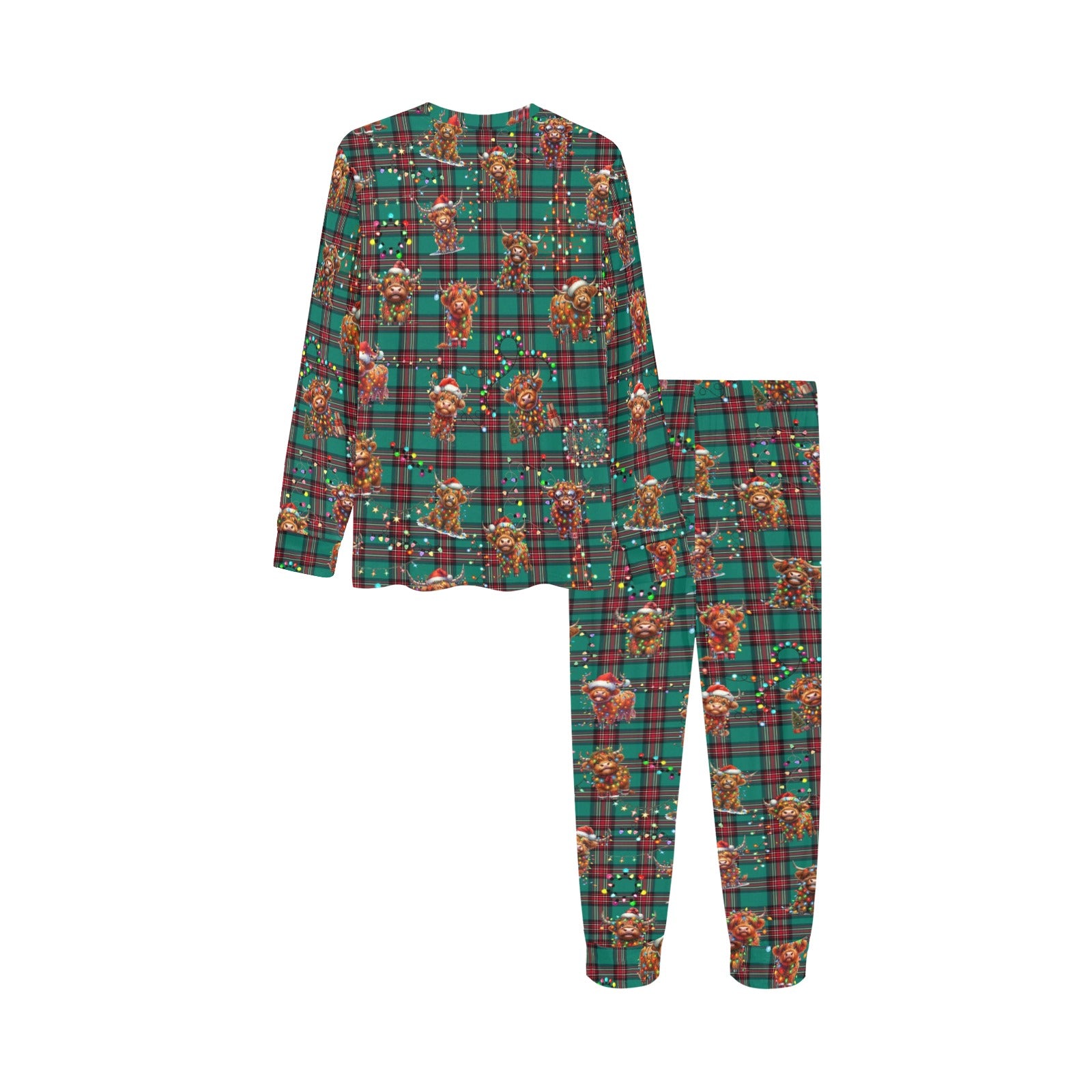 Soft, Comfortable Kids PJ Set with cute Highland Cows on Tartan Background