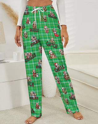 Fleecy Feel Loungewear / PJ Bottoms with Cute Sleepy Christmas Sloths on Green Tartan