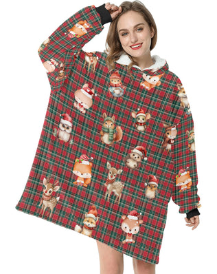 Gorgeously Soft and Snuggly Blanket Hoodie With Christmas Tartan Woodland Friends Design