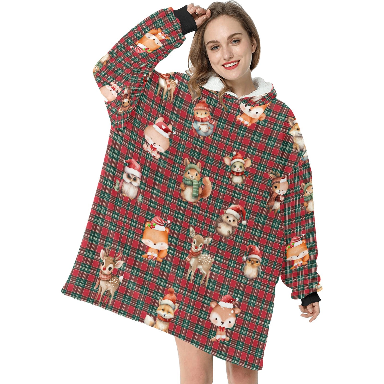 Gorgeously Soft and Snuggly Blanket Hoodie With Christmas Tartan Woodland Friends Design