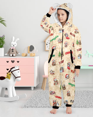 Christmas Sloths Fleecy Zip-Up Onesie Lounge Suit with Hood and Kangaroo Pocket, 8-15yrs