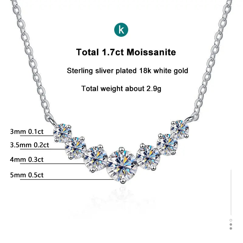 Stunning 925 Sterling Sliver Necklace, Plated With 18k White Gold, and set with 7 Sparkling Moissanite Diamonds totalling 1.7ct