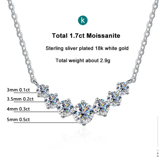 Stunning 925 Sterling Sliver Necklace, Plated With 18k White Gold, and set with 7 Sparkling Moissanite Diamonds totalling 1.7ct