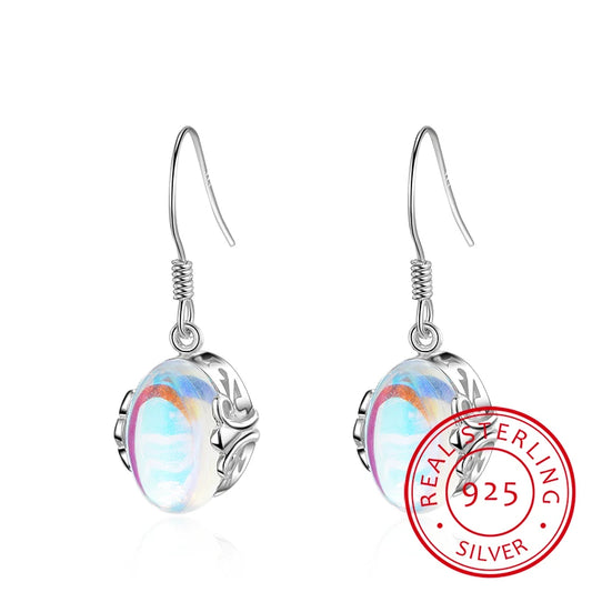 Moonstone 925 Sterling Silver Colorful Natural Stone Long Dangle Earrings For Women Vintage Fashion Jewelry Pendientes E738
