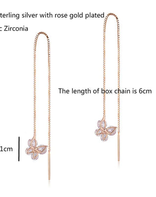 Cute 925 Sterling Silver Rose Gold Color CZ Butterfly Theader Through Chain Tassels Drop Dangle Earrings For Women Girls Jewelry