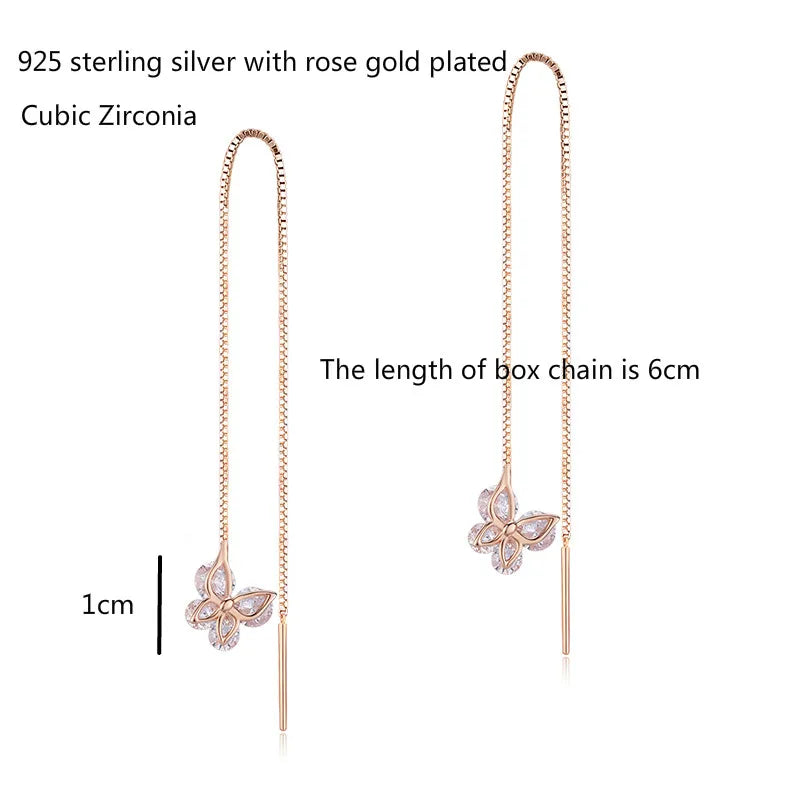 Cute 925 Sterling Silver Rose Gold Color CZ Butterfly Theader Through Chain Tassels Drop Dangle Earrings For Women Girls Jewelry