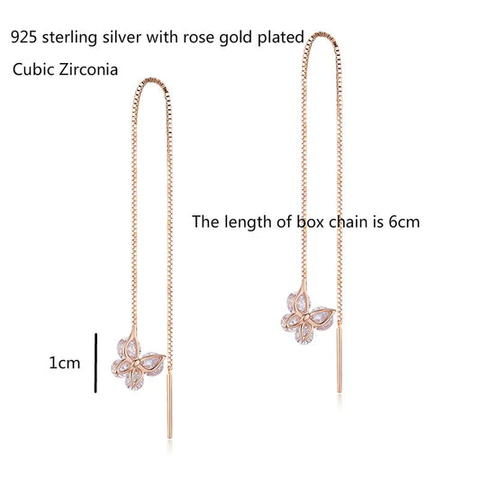 Cute 925 Sterling Silver Rose Gold Color CZ Butterfly Theader Through Chain Tassels Drop Dangle Earrings For Women Girls Jewelry