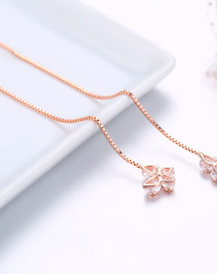 Cute 925 Sterling Silver Rose Gold Color CZ Butterfly Theader Through Chain Tassels Drop Dangle Earrings For Women Girls Jewelry