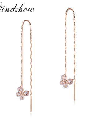 Cute 925 Sterling Silver Rose Gold Color CZ Butterfly Theader Through Chain Tassels Drop Dangle Earrings For Women Girls Jewelry