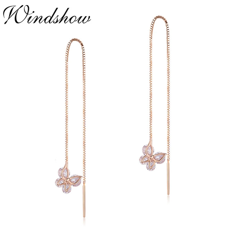 Cute 925 Sterling Silver Rose Gold Color CZ Butterfly Theader Through Chain Tassels Drop Dangle Earrings For Women Girls Jewelry