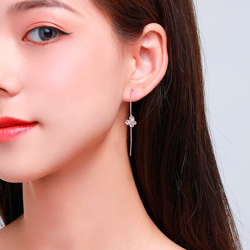 Cute 925 Sterling Silver Rose Gold Color CZ Butterfly Theader Through Chain Tassels Drop Dangle Earrings For Women Girls Jewelry