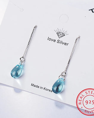Blue Crystal Water Drop Earrings, 925 Sterling Silver, Long Tassel Earrings Chain