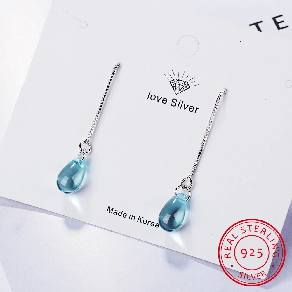 Blue Crystal Water Drop Earrings, 925 Sterling Silver, Long Tassel Earrings Chain