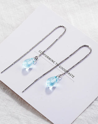 Blue Crystal Water Drop Earrings, 925 Sterling Silver, Long Tassel Earrings Chain
