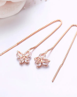 Cute 925 Sterling Silver Rose Gold Color CZ Butterfly Theader Through Chain Tassels Drop Dangle Earrings For Women Girls Jewelry