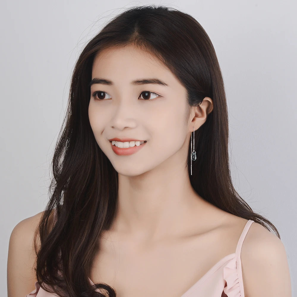 Blue Crystal Water Drop Earrings, 925 Sterling Silver, Long Tassel Earrings Chain