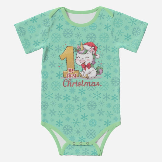 'My First Christmas' Super Cute Unicorn; Short Sleeve Romper/Sleepsuit Eco-Friendly Cotton