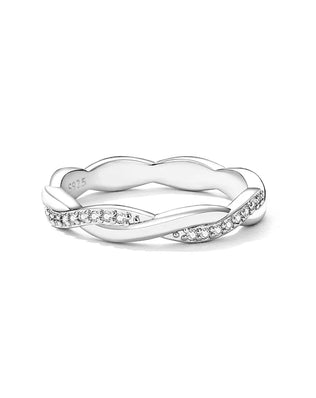 BAMOER 925 Sterling Silver Twisted Half Eternity Ring, Set with Tiny Zircons