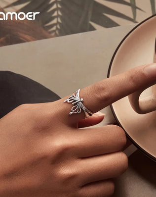 BAMOER Solid 925 Sterling Silver Adjustable Ring, Beautiful Butterfly Open Ring
