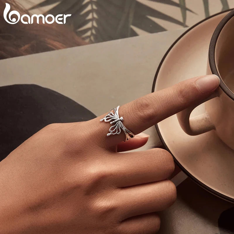 BAMOER Solid 925 Sterling Silver Adjustable Ring, Beautiful Butterfly Open Ring