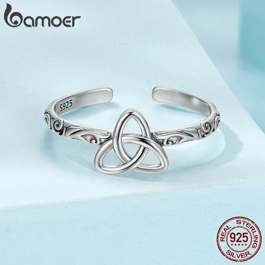 BAMOER 925 Sterling Silver Adjustable Ring, With Celtic Knot and Embossed Design on the Band