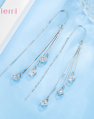 925 Sterling Silver Jewelry New Fashion Hot Sale Square Cube Cubic Zircon Stone Tassel Pendientes Earrings for Women Girls