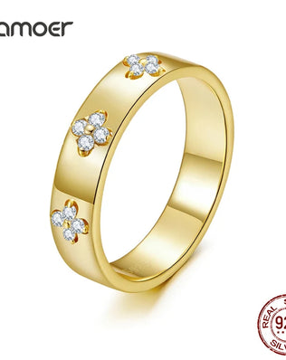 BAMOER Lucky Clover Band, S925 Gold Plated with Tiny Moissanites in Clusters of 4.  Unusual, Stylish Commitment Ring