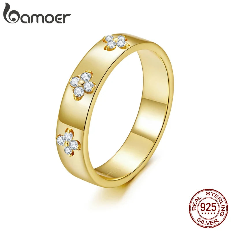 BAMOER Lucky Clover Band, S925 Gold Plated with Tiny Moissanites in Clusters of 4.  Unusual, Stylish Commitment Ring