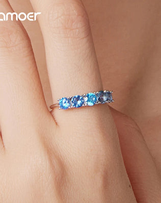 BAMOER 925 Sterling Silver Half Eternity Band, White Gold Plated, With Transparent Sea Blue Paved CZ