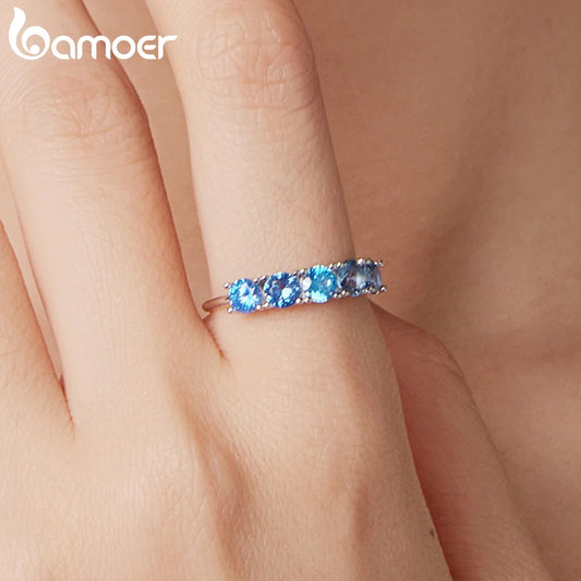 BAMOER 925 Sterling Silver Half Eternity Band, White Gold Plated, With Transparent Sea Blue Paved CZ
