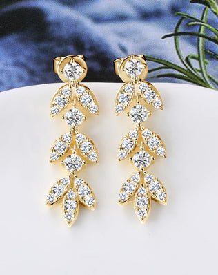 Quality Moissanite and CZ Drop Earrings, Leaf-Shape, 925 Sterling Silver with Gold Plated Option