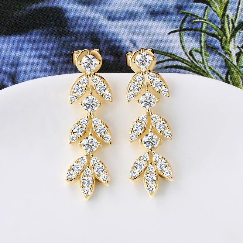 Quality Moissanite and CZ Drop Earrings, Leaf-Shape, 925 Sterling Silver with Gold Plated Option