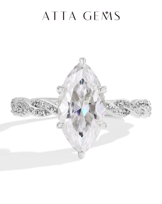ATTAGEMS S925 Sterling Silver Twist Ring, Gold Plated, With 14*7mm, 3.0CT, Marquise Cut Moissanite Diamond