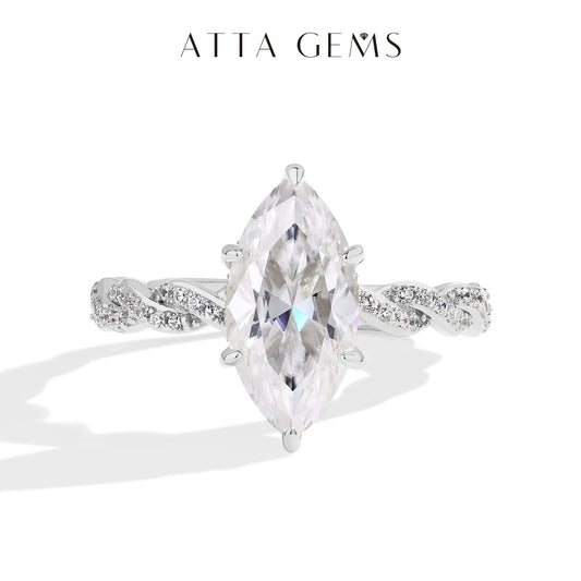 ATTAGEMS S925 Sterling Silver Twist Ring, Gold Plated, With 14*7mm, 3.0CT, Marquise Cut Moissanite Diamond