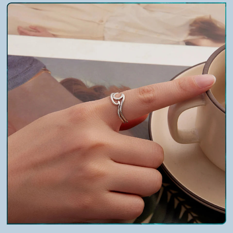 BAMOER 925 Sterling Silver Ocean Wave Curved Double-layer Ring, Minimalist Fine Jewellery